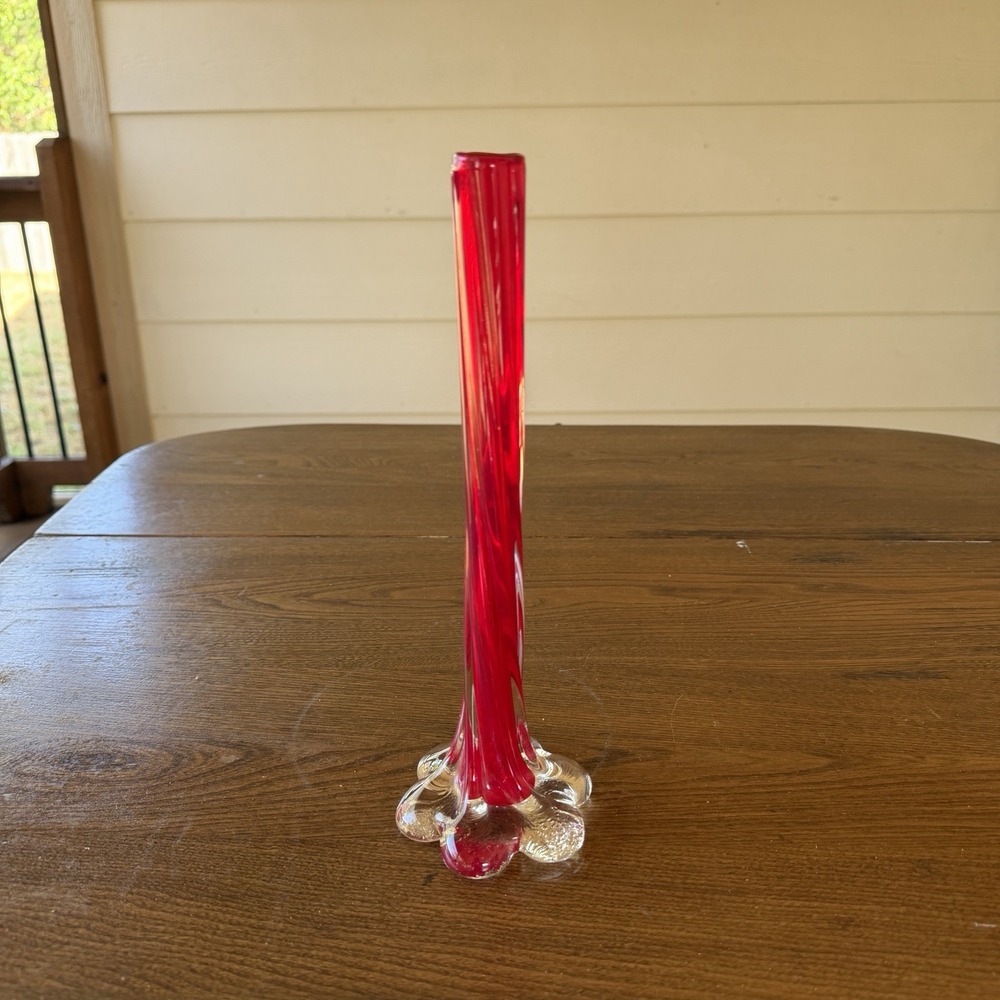 Vintage MCM Ruby Red Glass Bud Vase 11" Flared Flower Elephant Foot Base